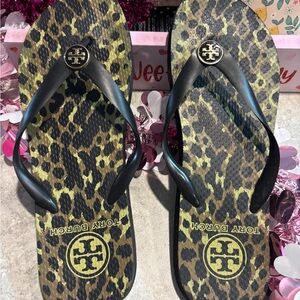 Tory Burch Black and Brown Leopard Flip Flops